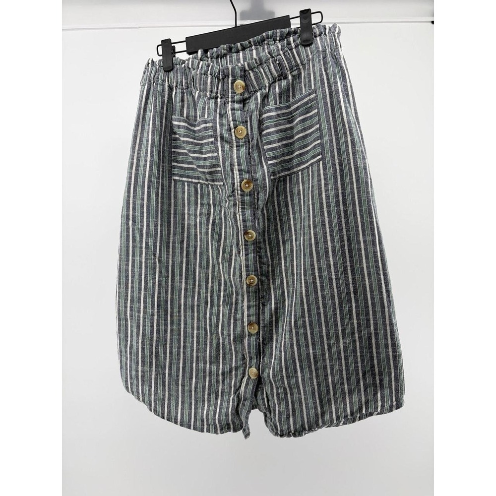 Blue Rain Green/Blue Striped Casual Skirt Paper Bag Waist, Button Front Sz L